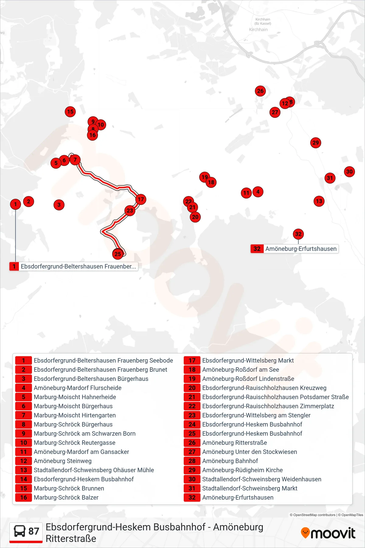 87 bus Line (Ebsdorfergrund-Heskem Busbahnhof) route and stops on a map