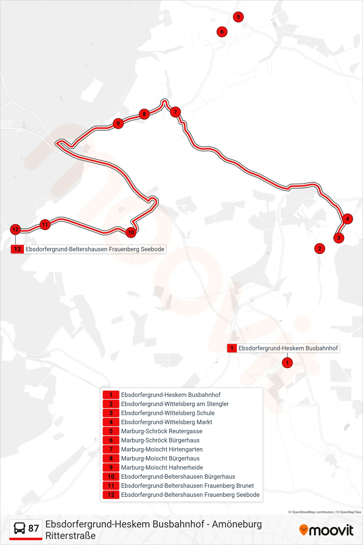 87 bus Line (Ebsdorfergrund-Beltershausen Frauenberg Seebode) route and stops on a map