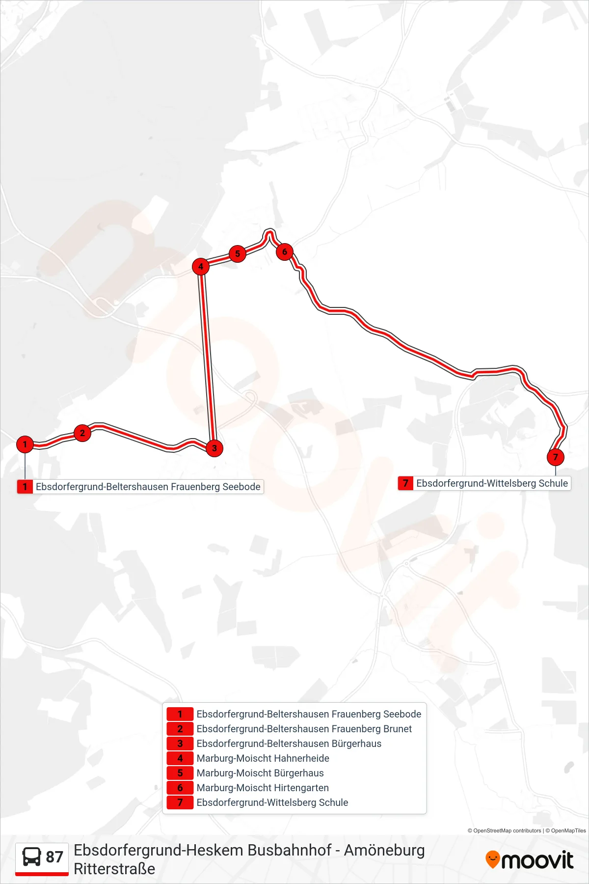 87 bus Line (Ebsdorfergrund-Wittelsberg Schule) route and stops on a map