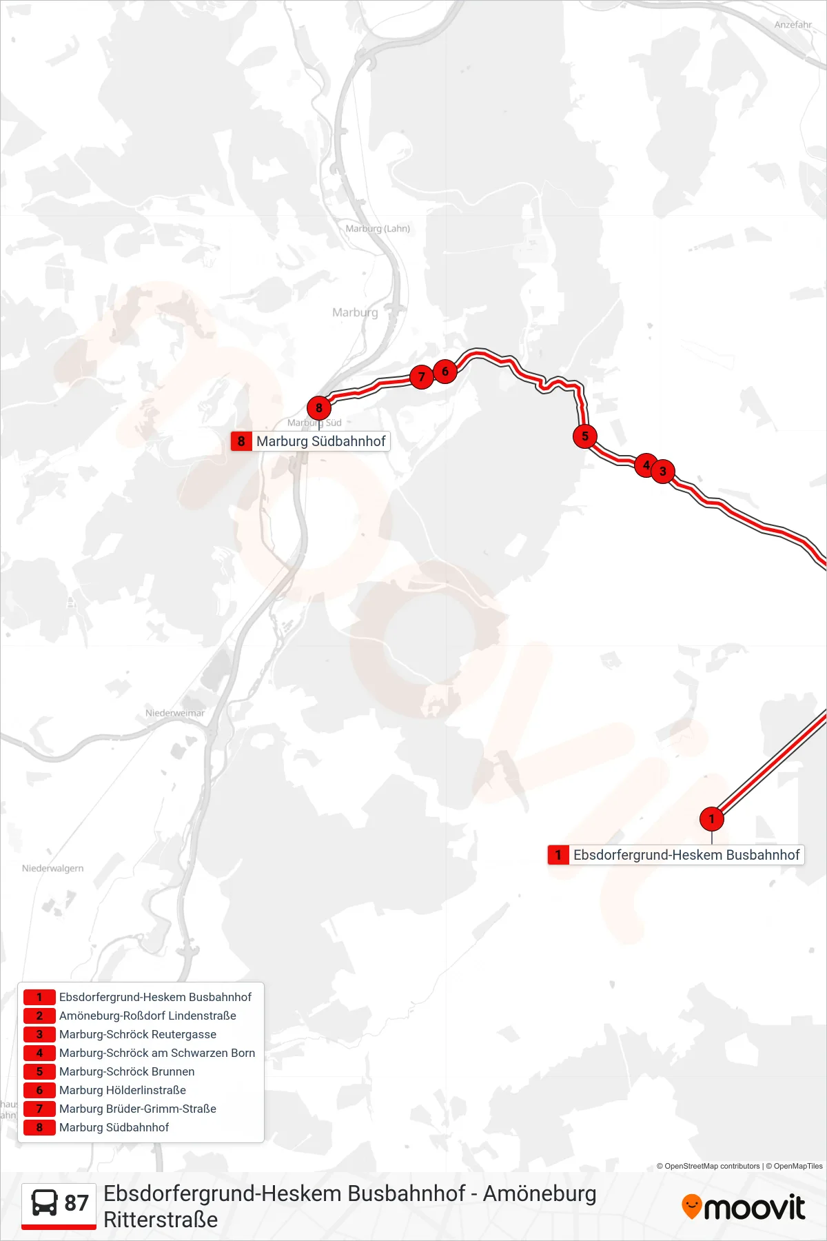 87 bus Line (Marburg Südbahnhof) route and stops on a map