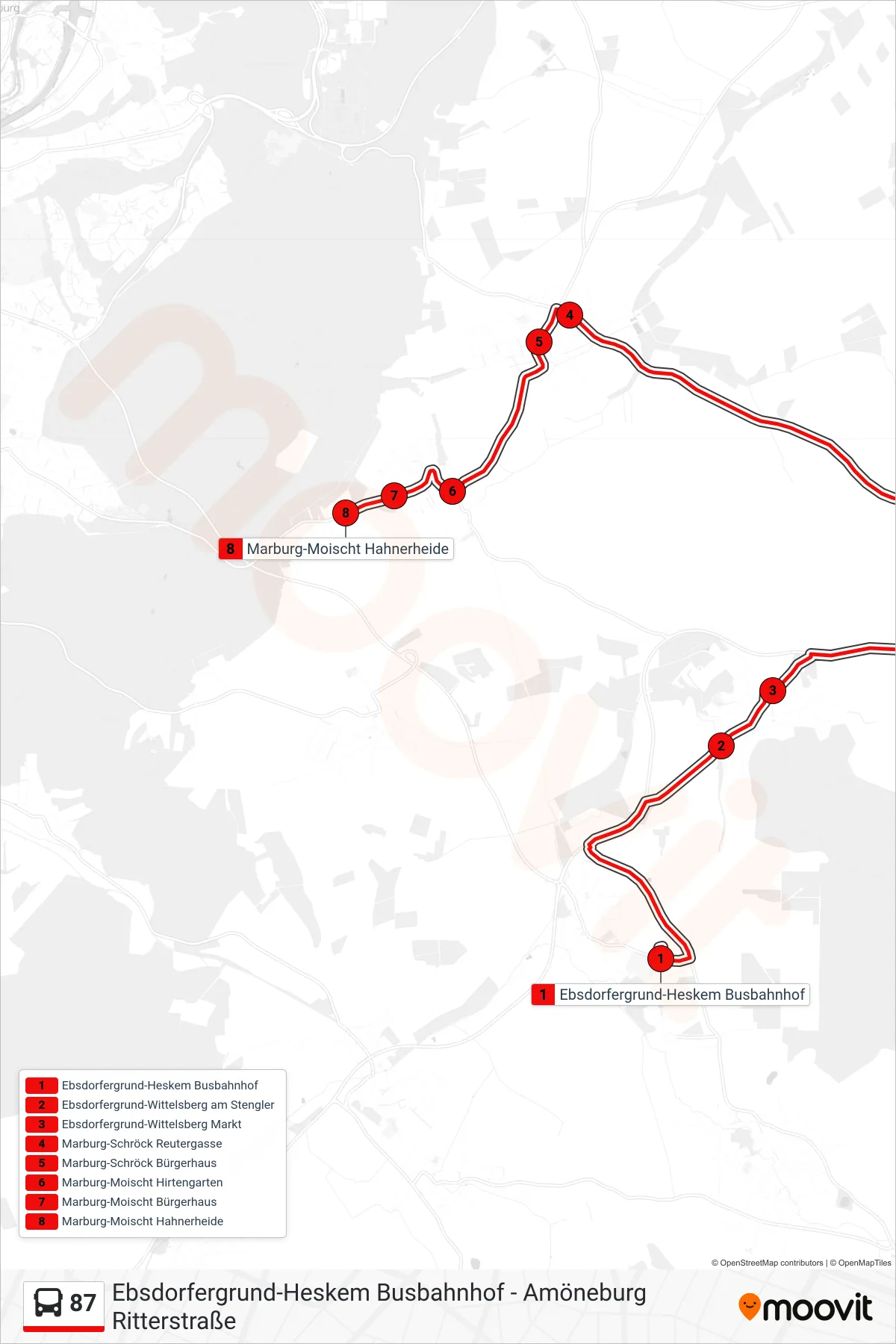 87 bus Line (Marburg-Moischt Hahnerheide) route and stops on a map