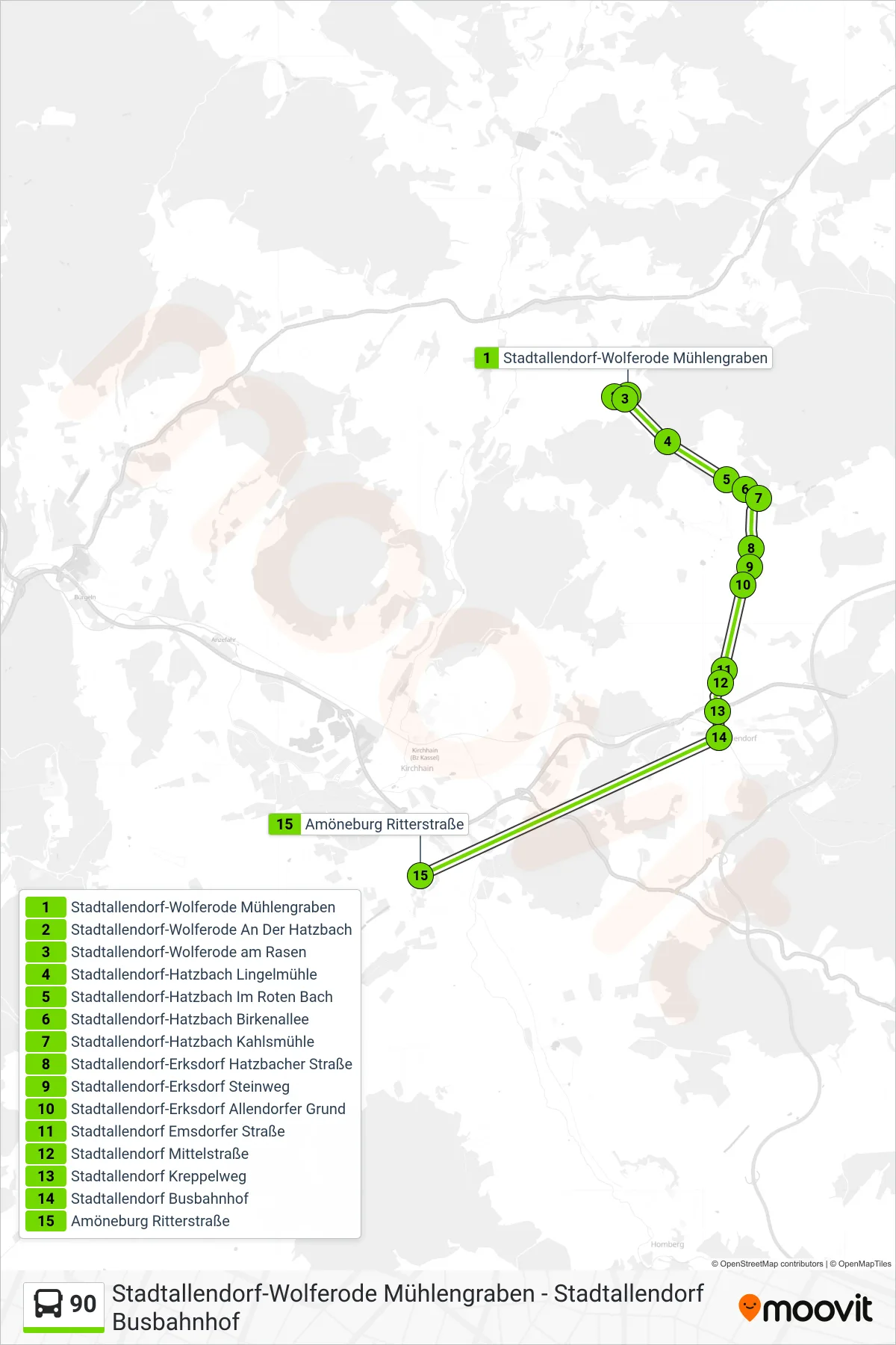 90 bus Line (Amöneburg Ritterstraße) route and stops on a map