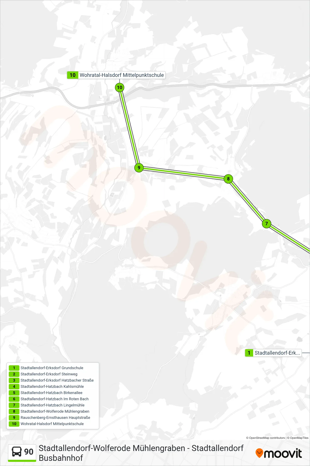 90 bus Line (Wohratal-Halsdorf Mittelpunktschule) route and stops on a map