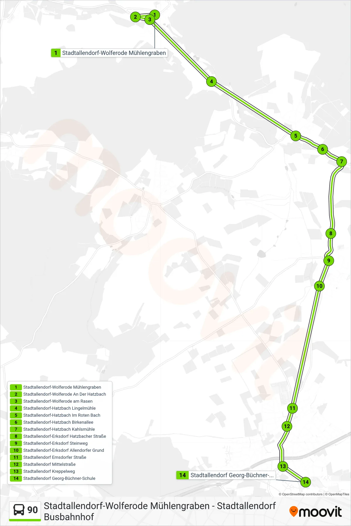 Linie 90 (Bus) Richtung Stadtallendorf Georg-Büchner-Schule: Route und Haltestellen auf der Karte