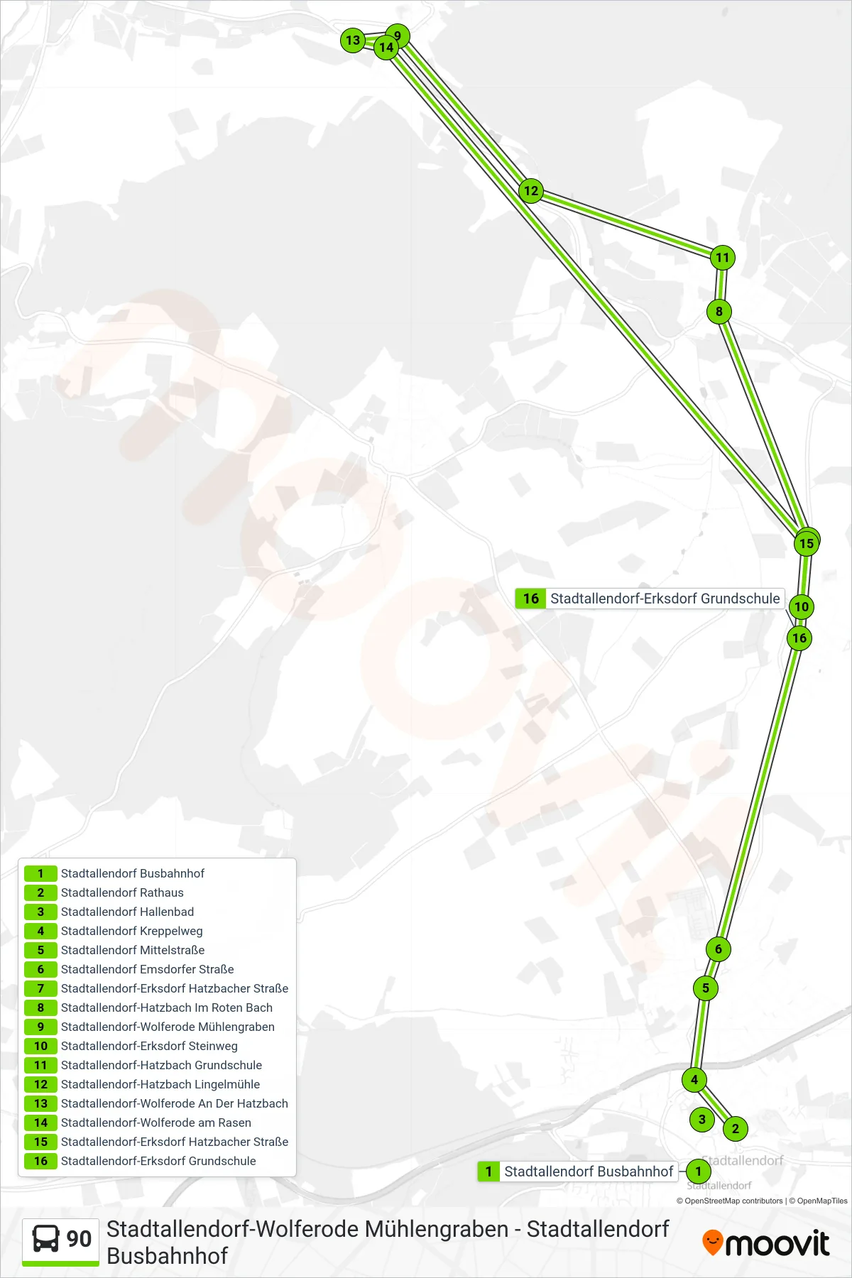 90 bus Line (Stadtallendorf-Erksdorf Steinweg) route and stops on a map