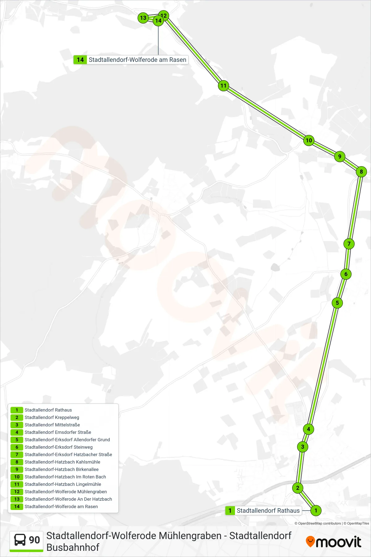 90 bus Line (Stadtallendorf-Wolferode am Rasen) route and stops on a map