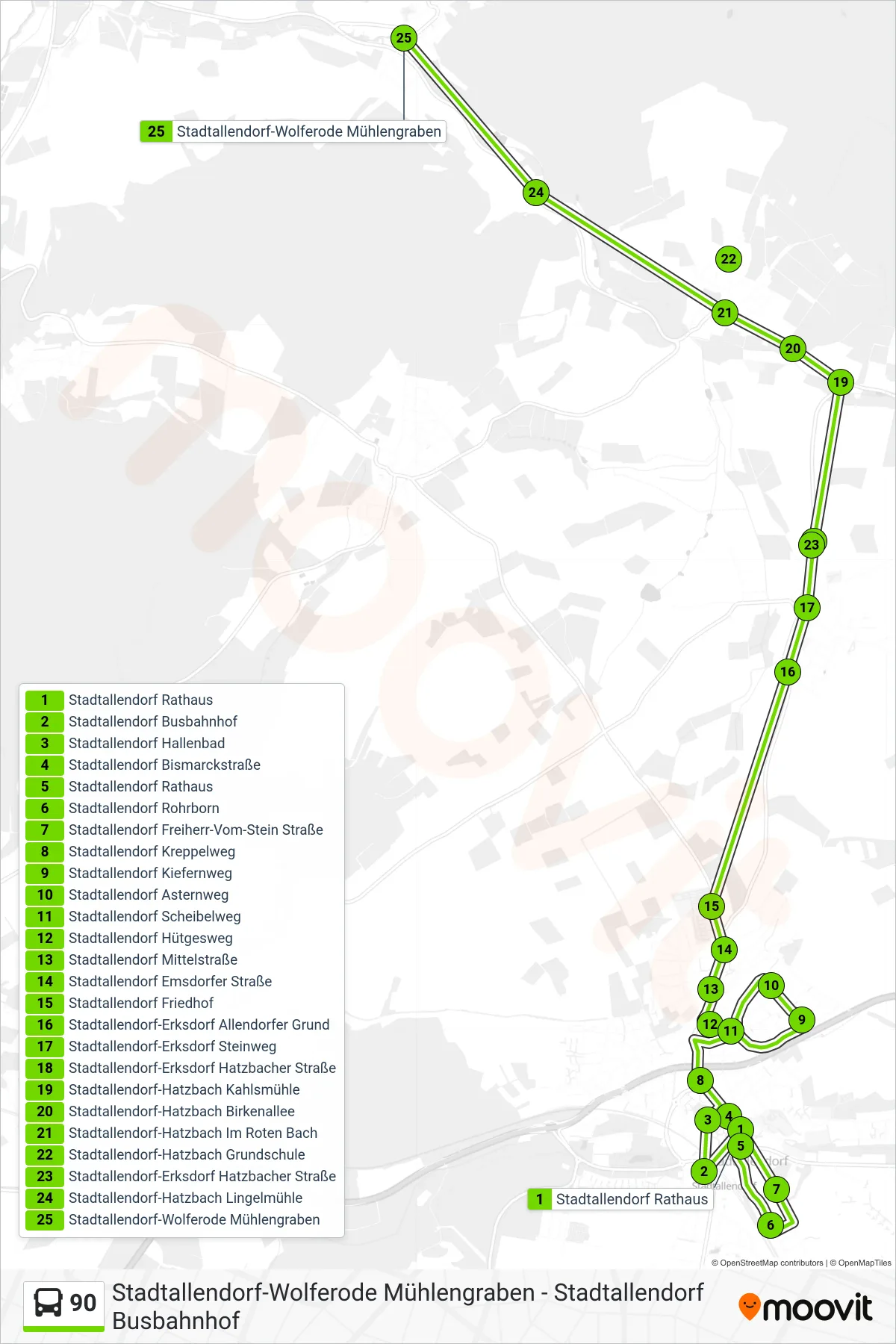 90 bus Line (Stadtallendorf-Wolferode Mühlengraben) route and stops on a map