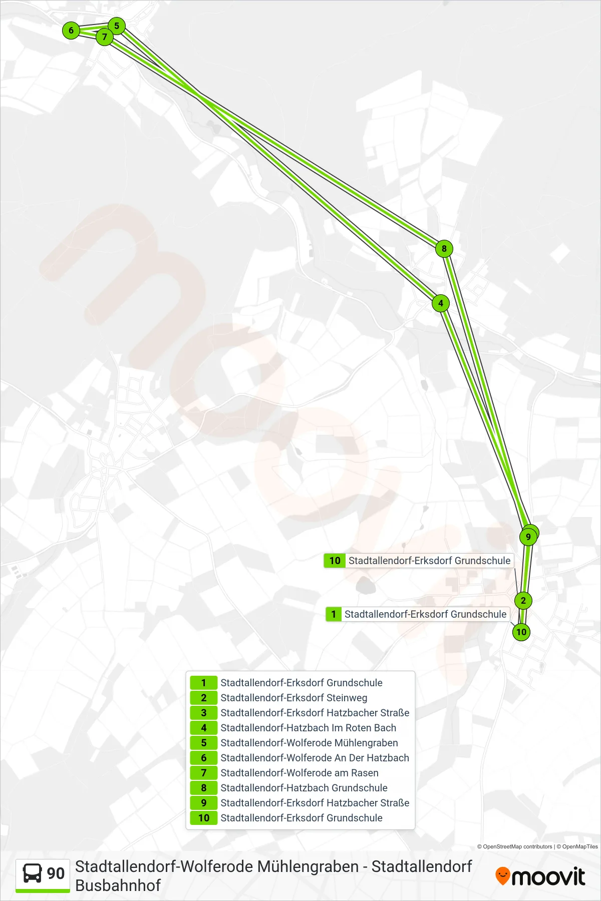 90 bus Line (Stadtallendorf-Erksdorf Grundschule) route and stops on a map