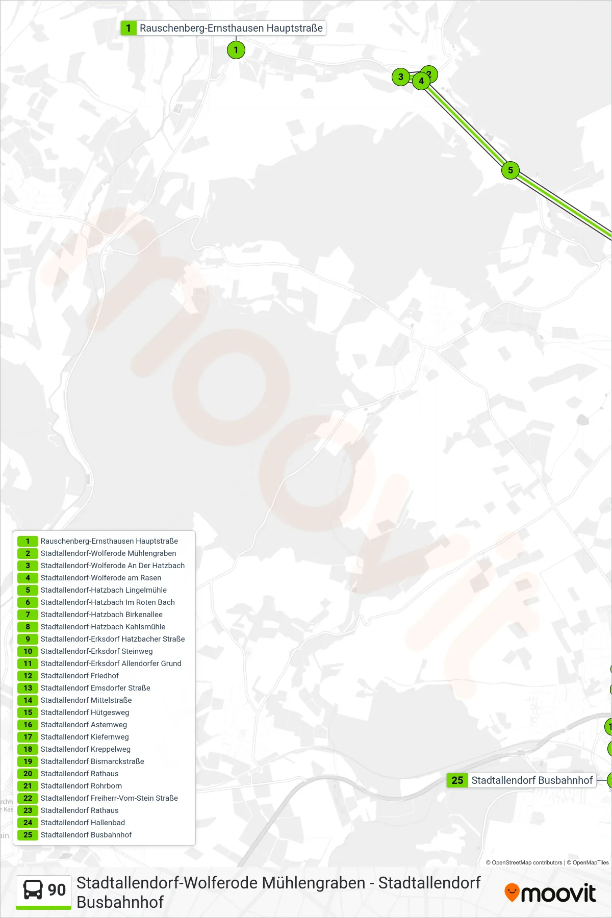 90 bus Line (Stadtallendorf Busbahnhof) route and stops on a map