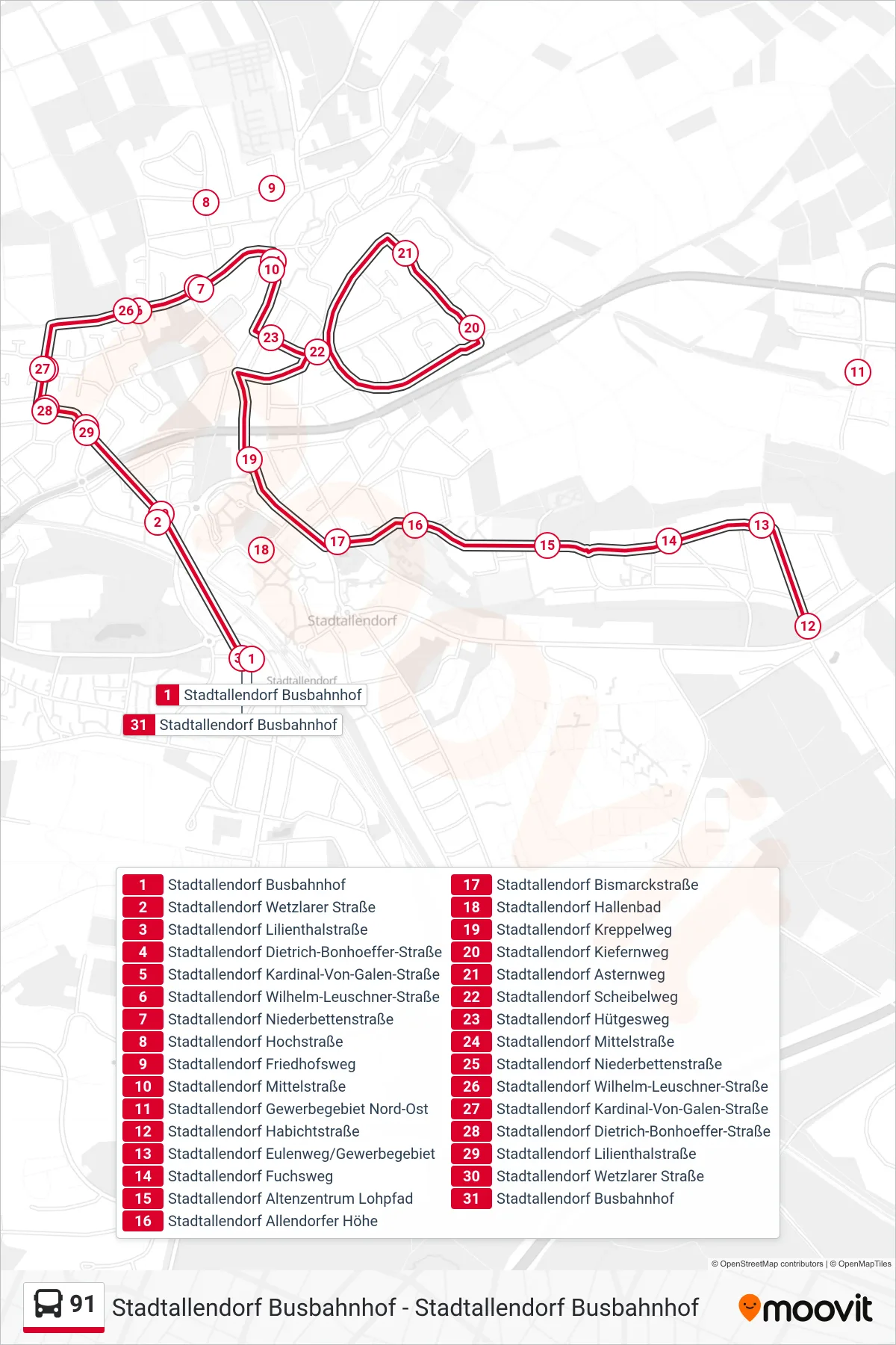 Linie 91 (Bus) Richtung Stadtallendorf Busbahnhof: Route und Haltestellen auf der Karte