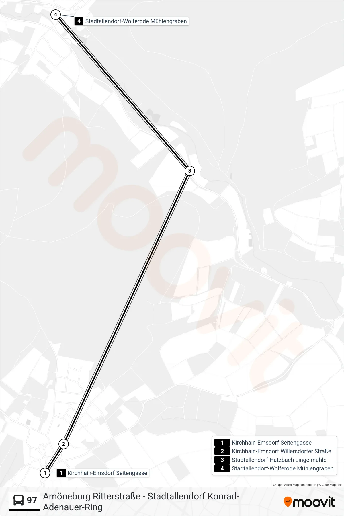97 bus Line (Stadtallendorf-Wolferode Mühlengraben) route and stops on a map