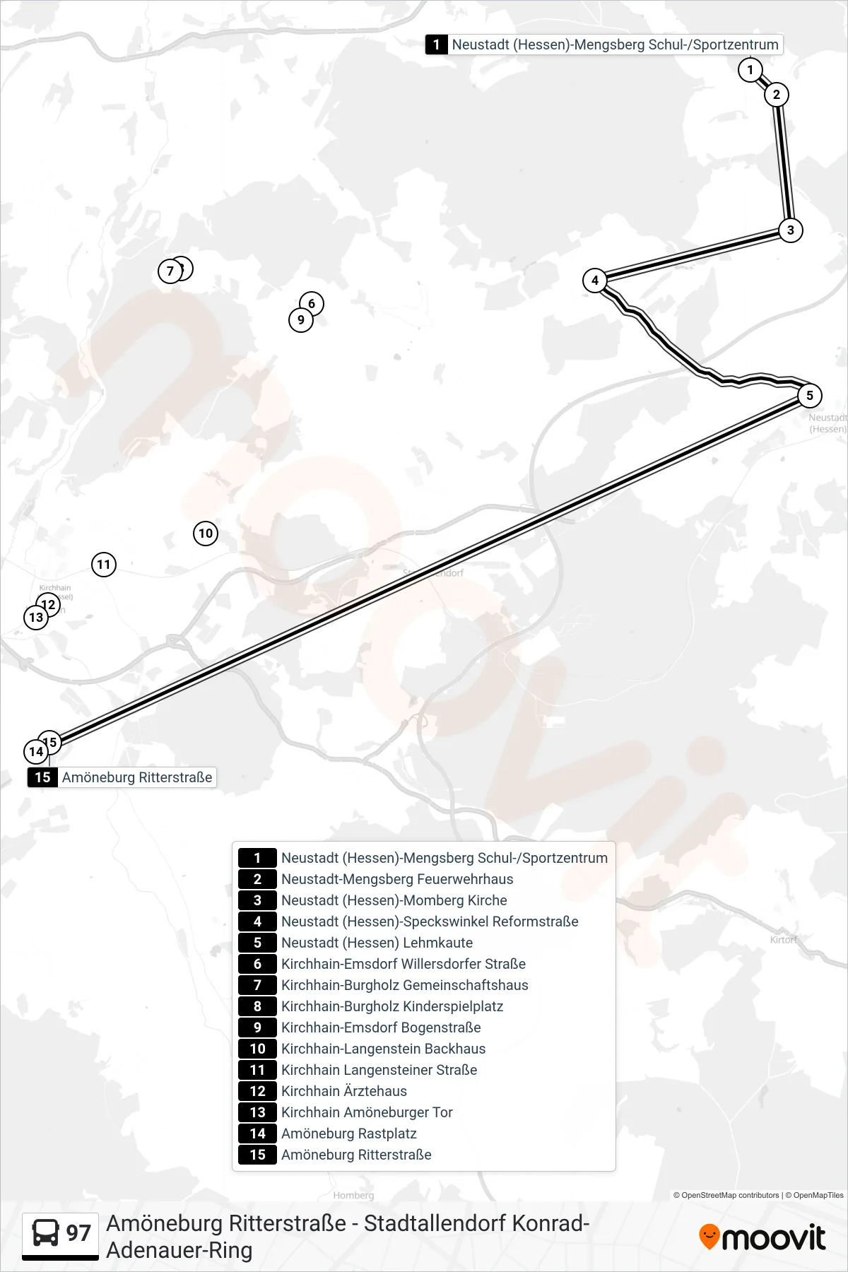 97 bus Line (Amöneburg Ritterstraße) route and stops on a map