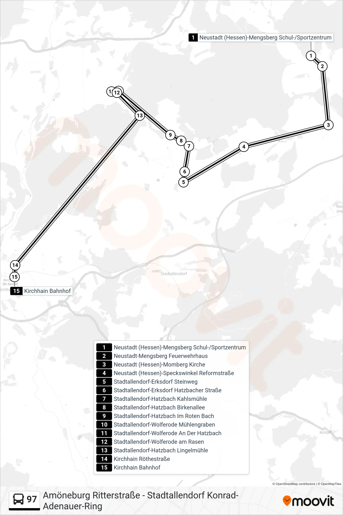 97 bus Line (Kirchhain Bahnhof) route and stops on a map