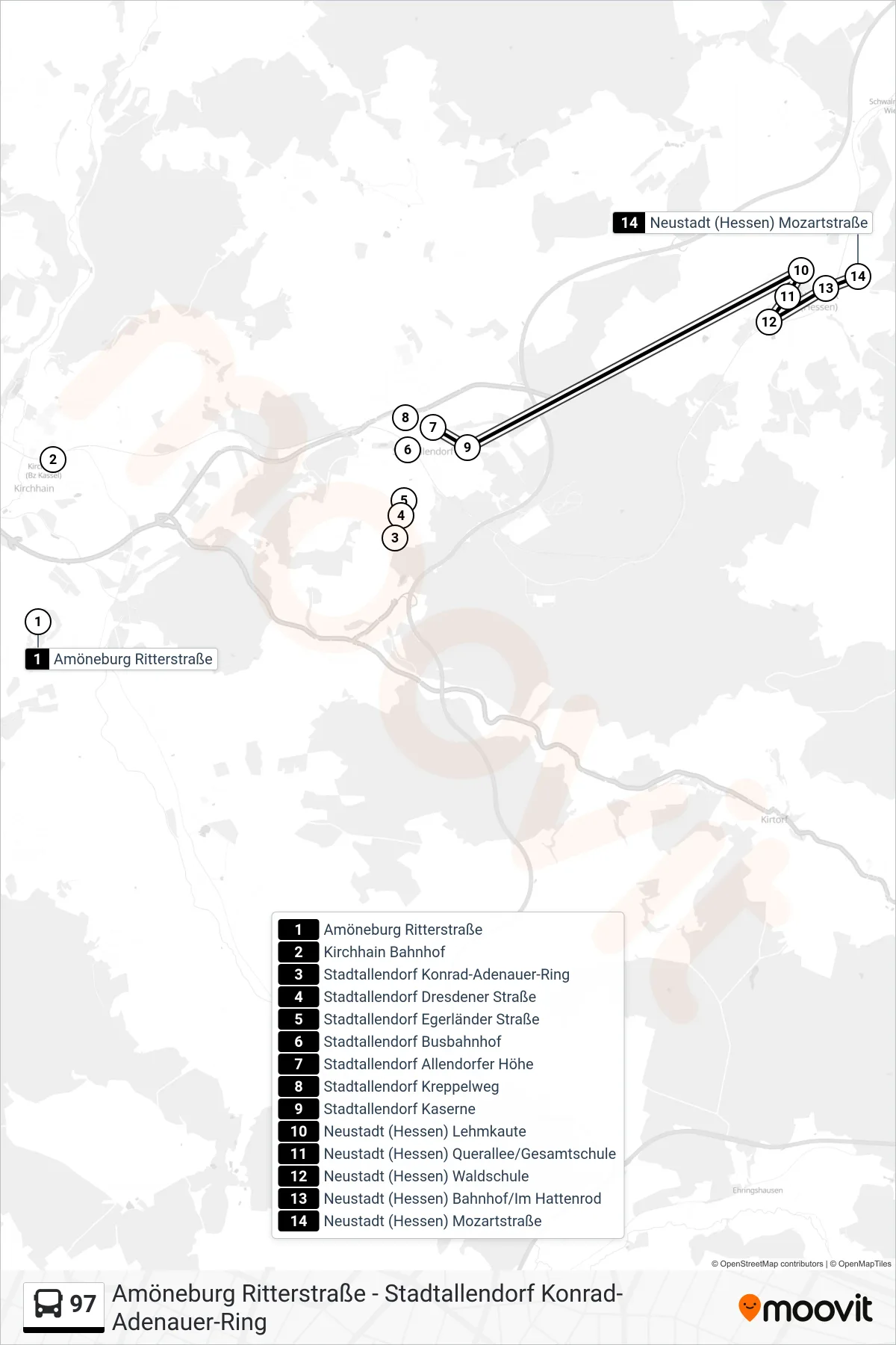 97 bus Line (Neustadt (Hessen) Mozartstraße) route and stops on a map
