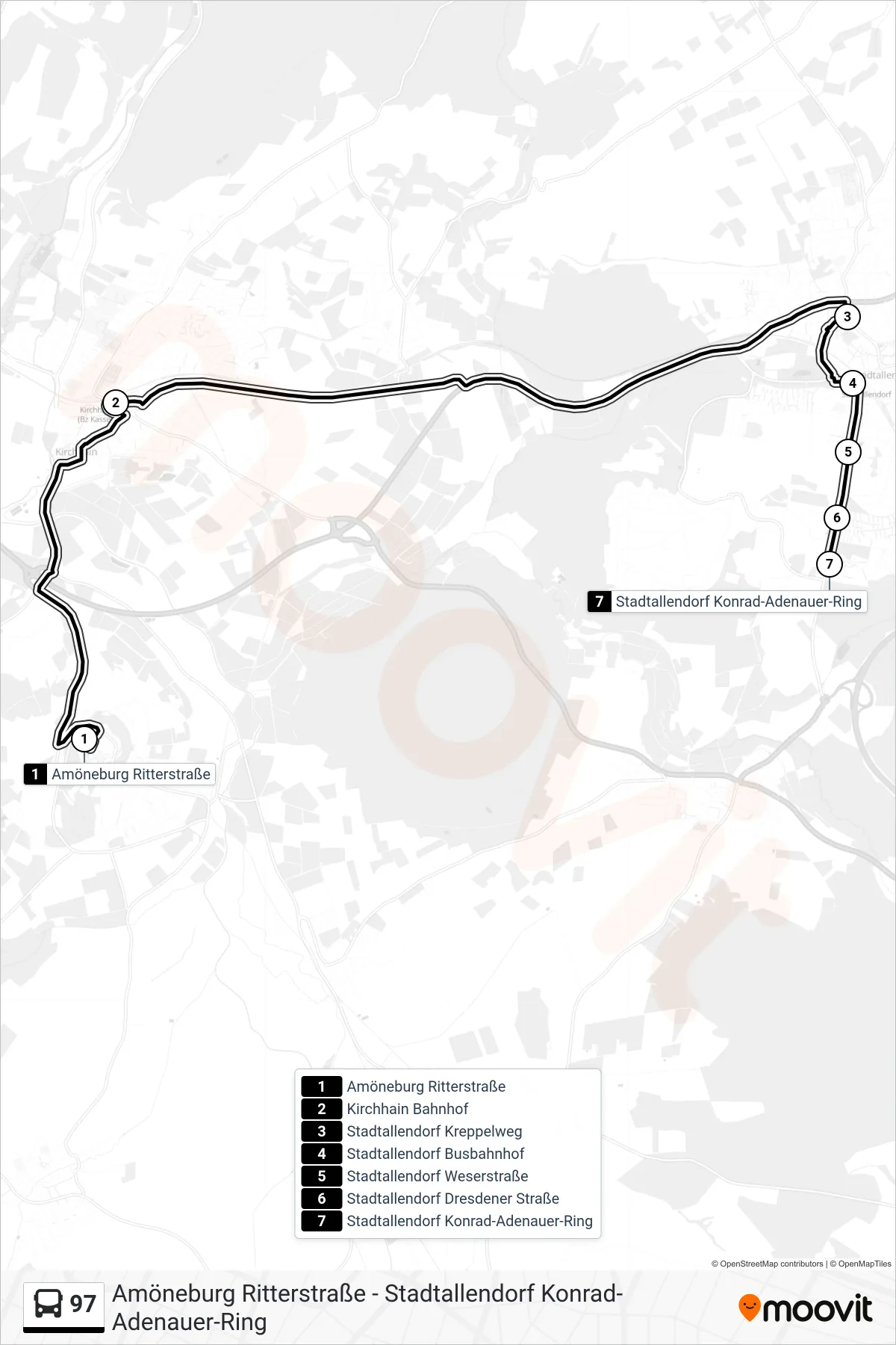97 bus Line (Stadtallendorf Konrad-Adenauer-Ring) route and stops on a map