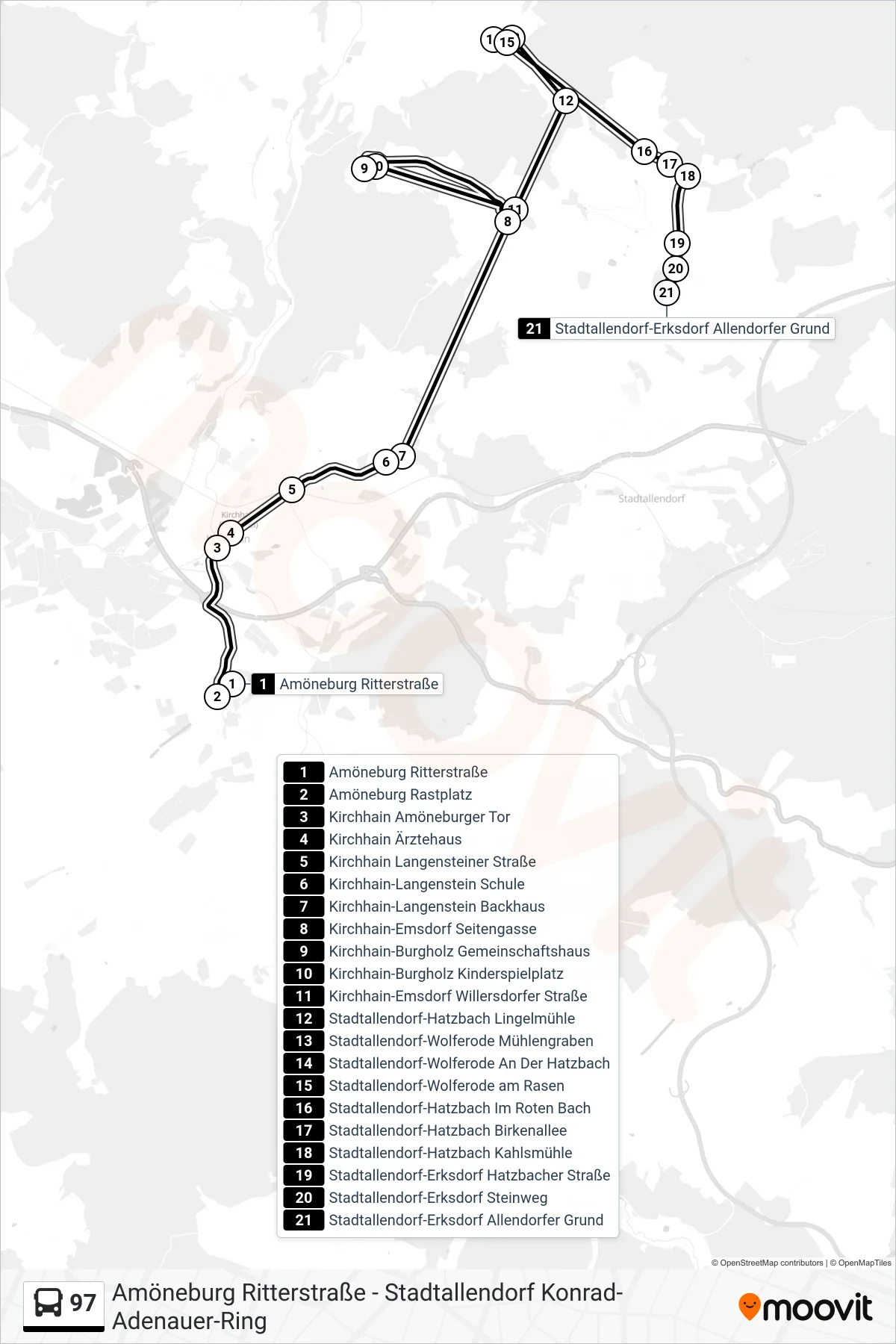 97 bus Line (Stadtallendorf-Erksdorf Allendorfer Grund) route and stops on a map