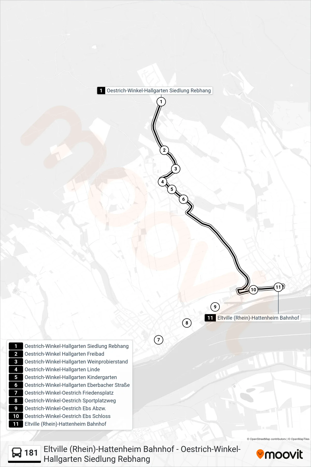 181 bus Line (Eltville (Rhein)-Hattenheim Bahnhof) route and stops on a map