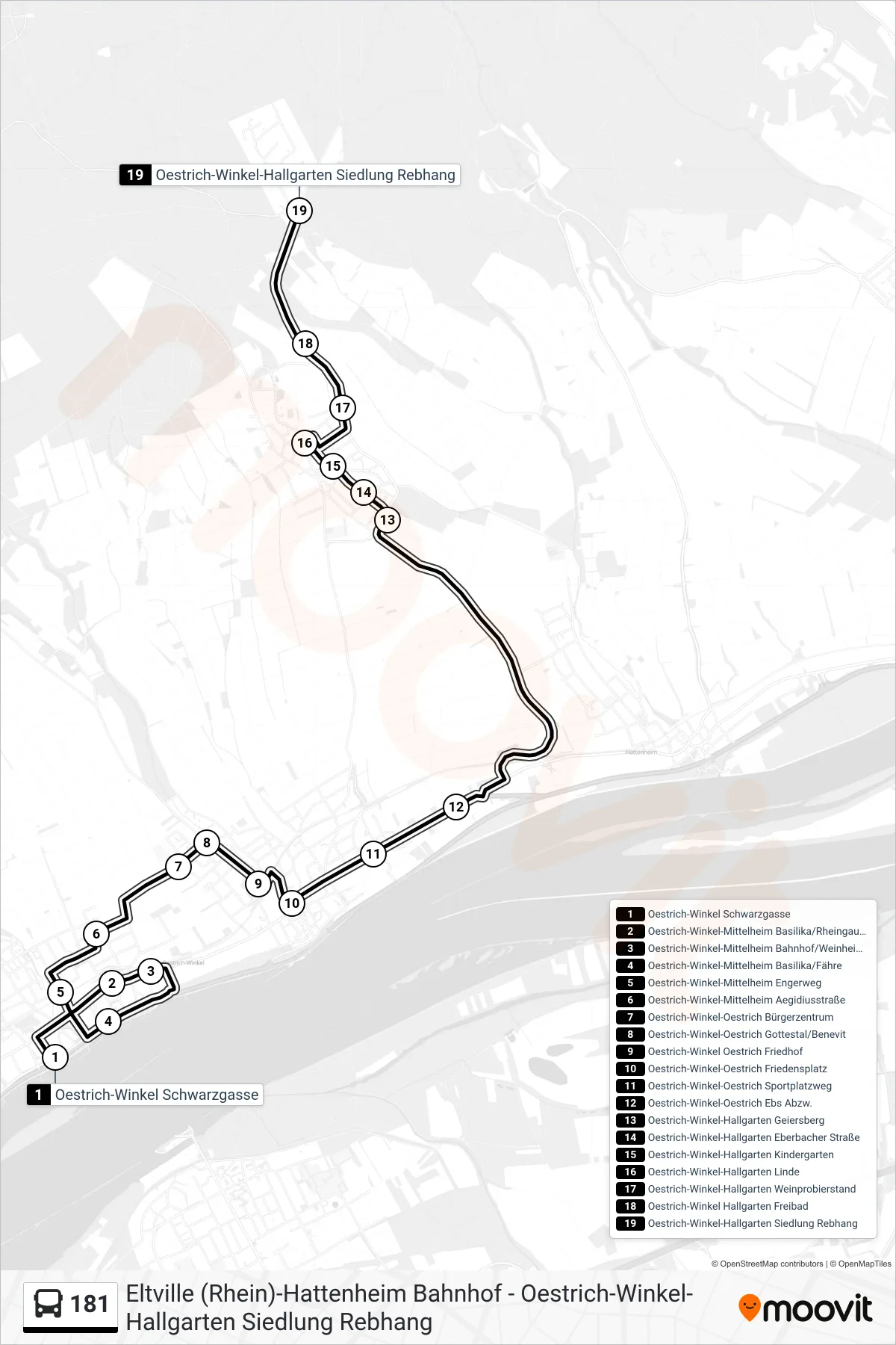 Linie 181 (Bus) Richtung Oestrich-Winkel-Hallgarten Siedlung Rebhang: Route und Haltestellen auf der Karte