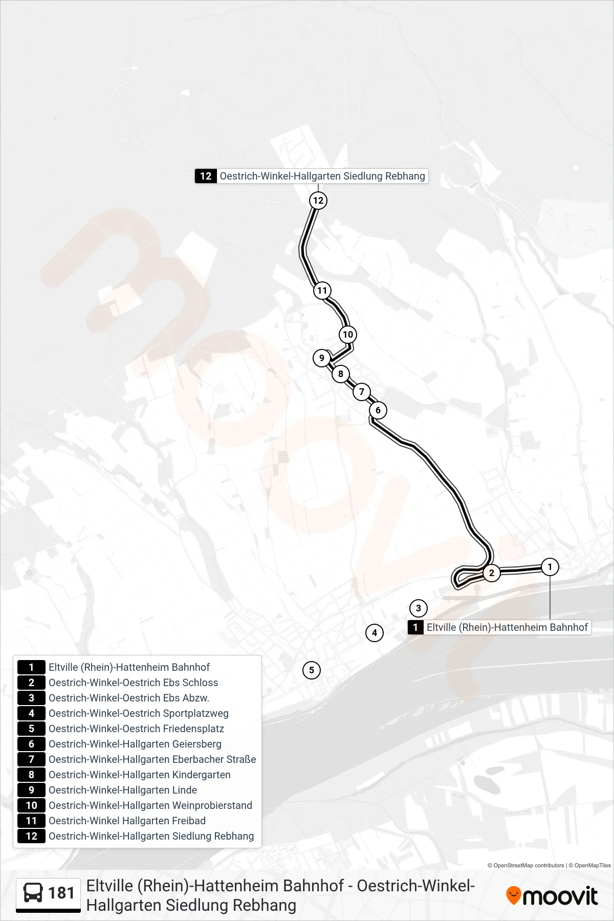 181 bus Line (Oestrich-Winkel-Hallgarten Siedlung Rebhang) route and stops on a map