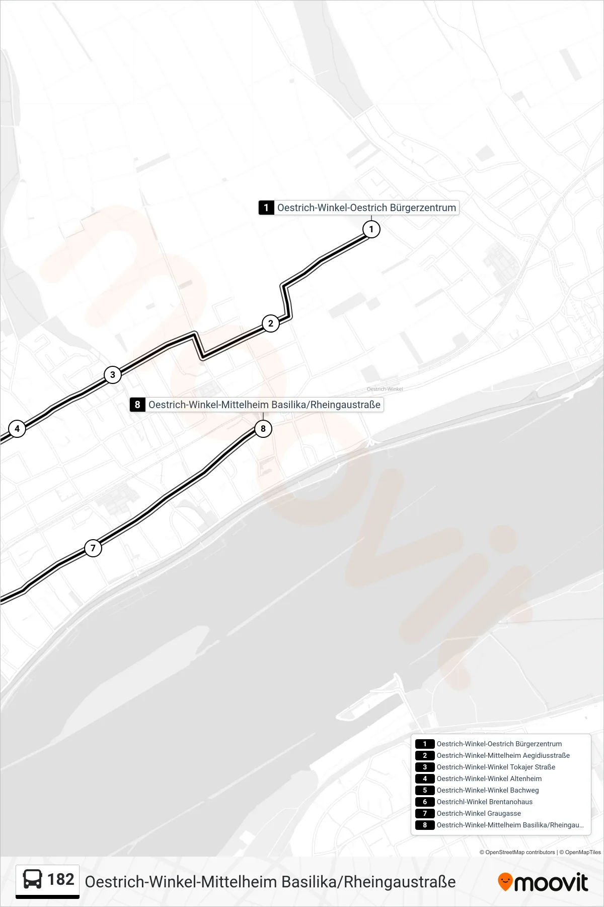 182 bus Line (Oestrich-Winkel-Mittelheim Basilika/Rheingaustraße) route and stops on a map