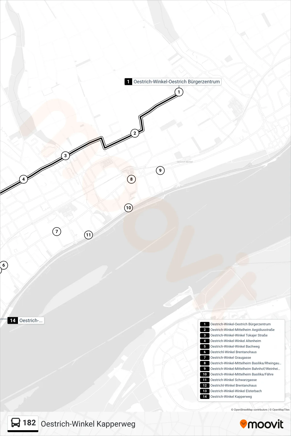 182 bus Line (Oestrich-Winkel Kapperweg) route and stops on a map