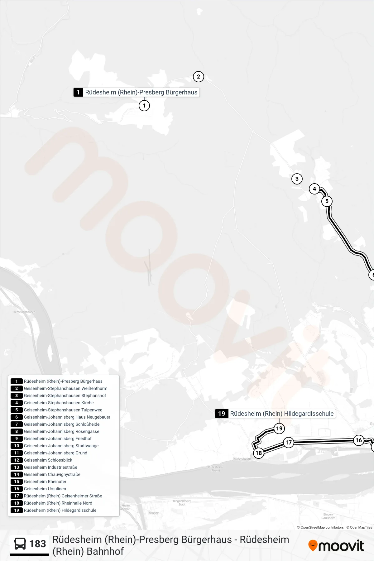 183 bus Line (Rüdesheim (Rhein) Hildegardisschule) route and stops on a map