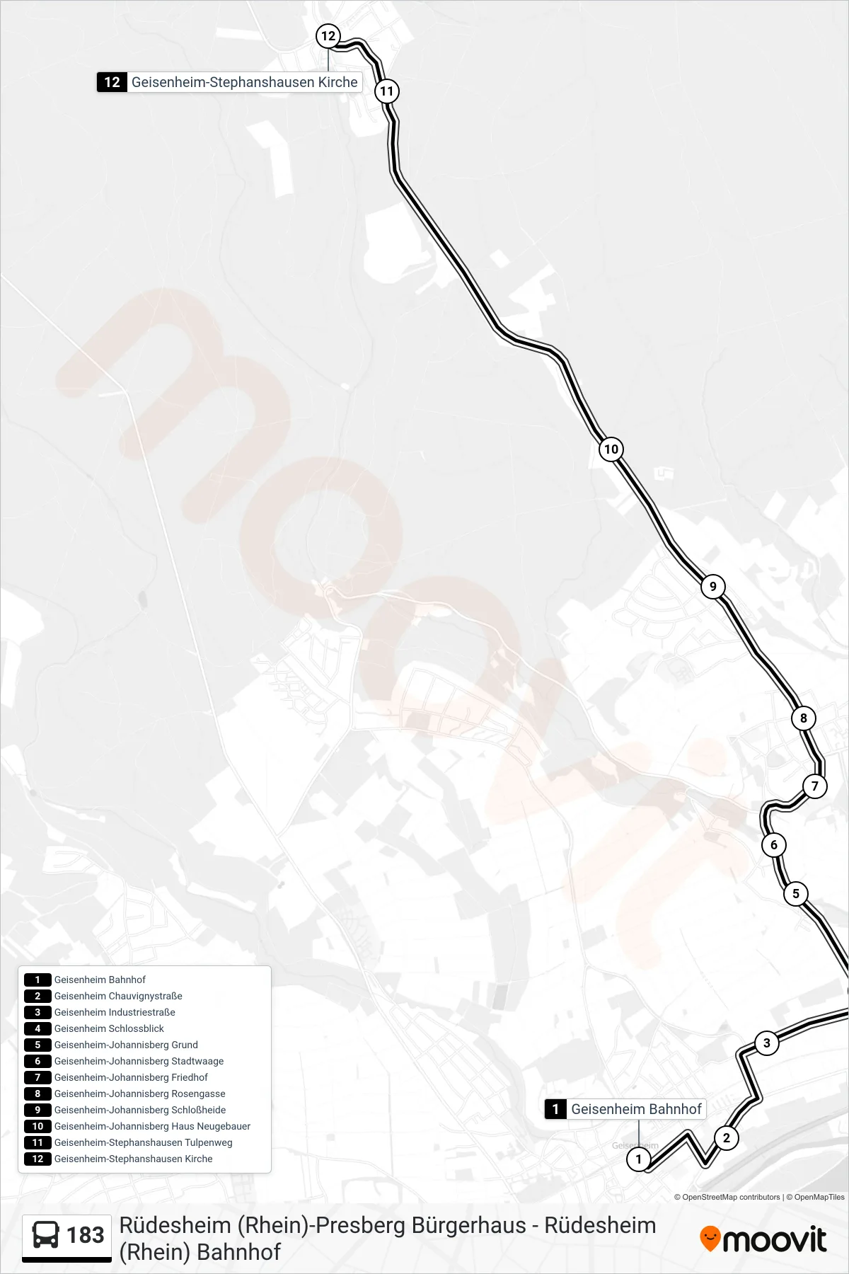 183 bus Line (Geisenheim-Stephanshausen Kirche) route and stops on a map