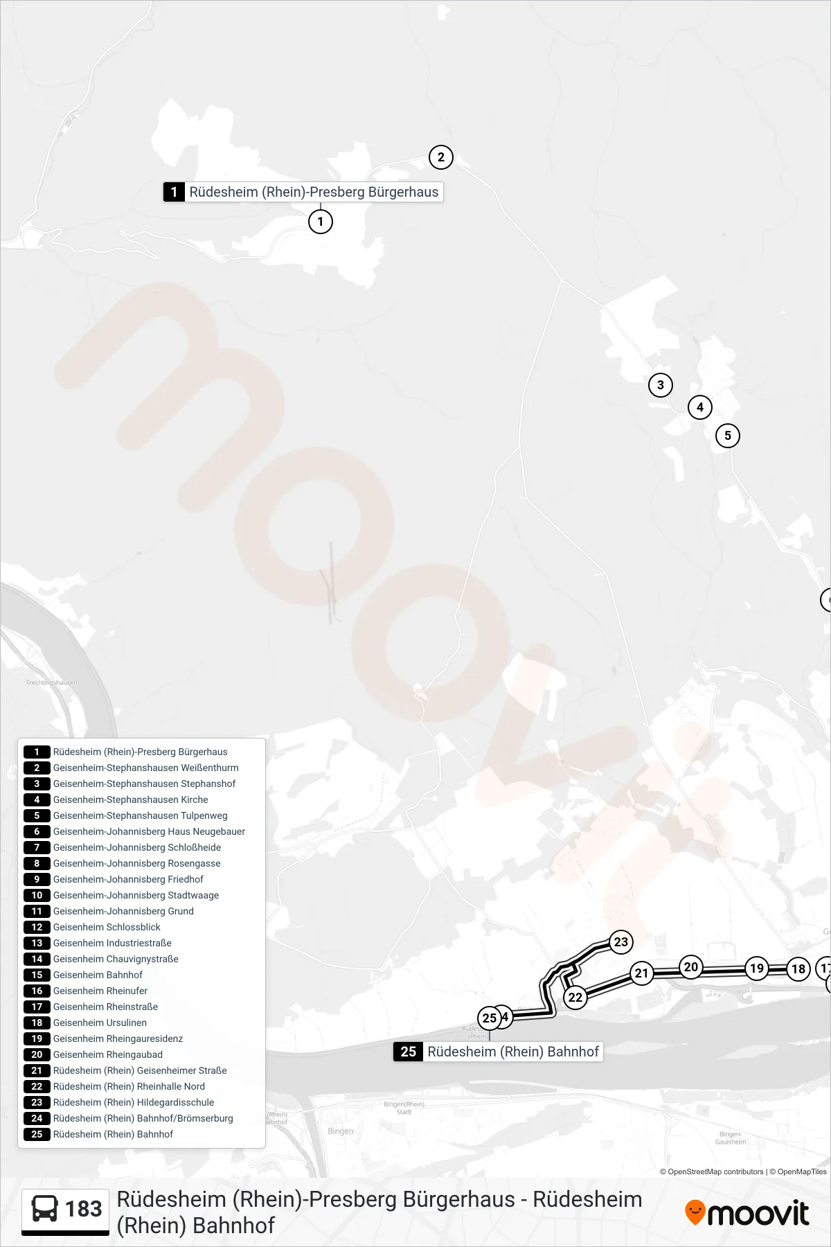 183 bus Line (Rüdesheim (Rhein) Bahnhof) route and stops on a map