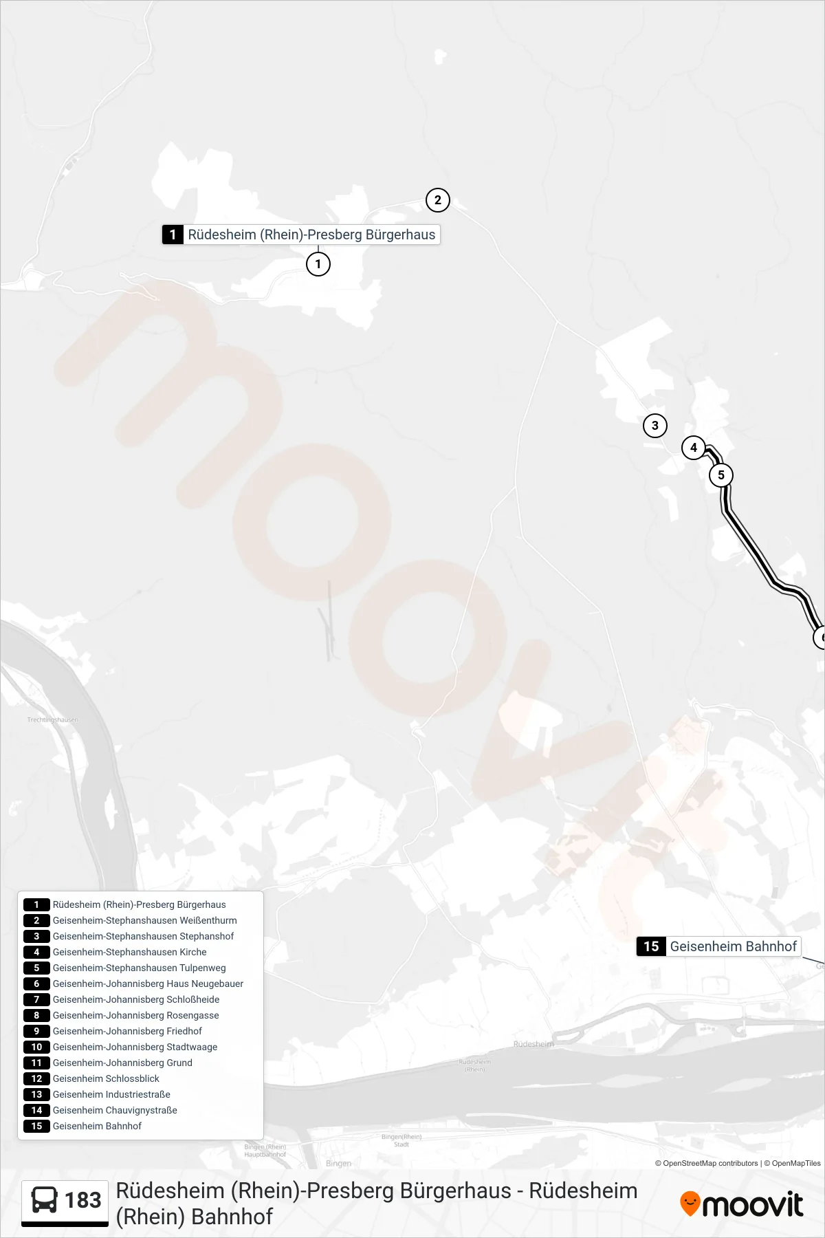 183 bus Line (Geisenheim Bahnhof) route and stops on a map