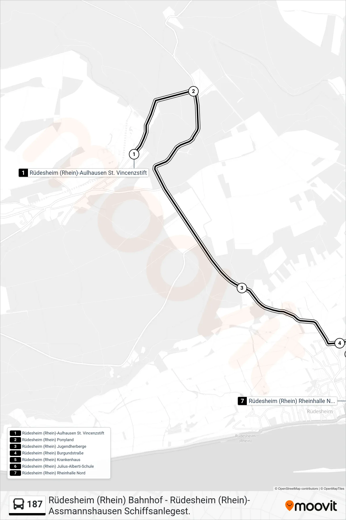187 bus Line (Rüdesheim (Rhein) Rheinhalle Nord) route and stops on a map
