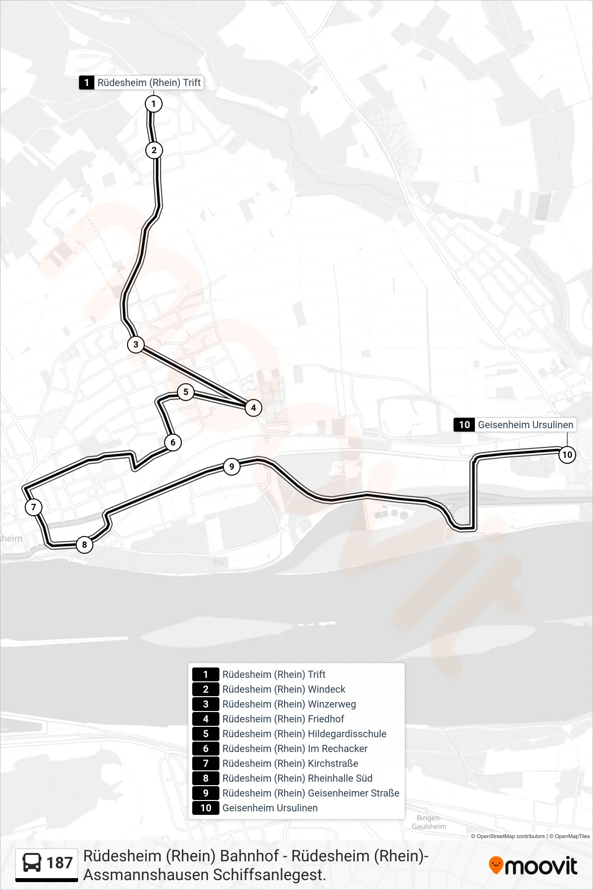 187 bus Line (Geisenheim Ursulinen) route and stops on a map
