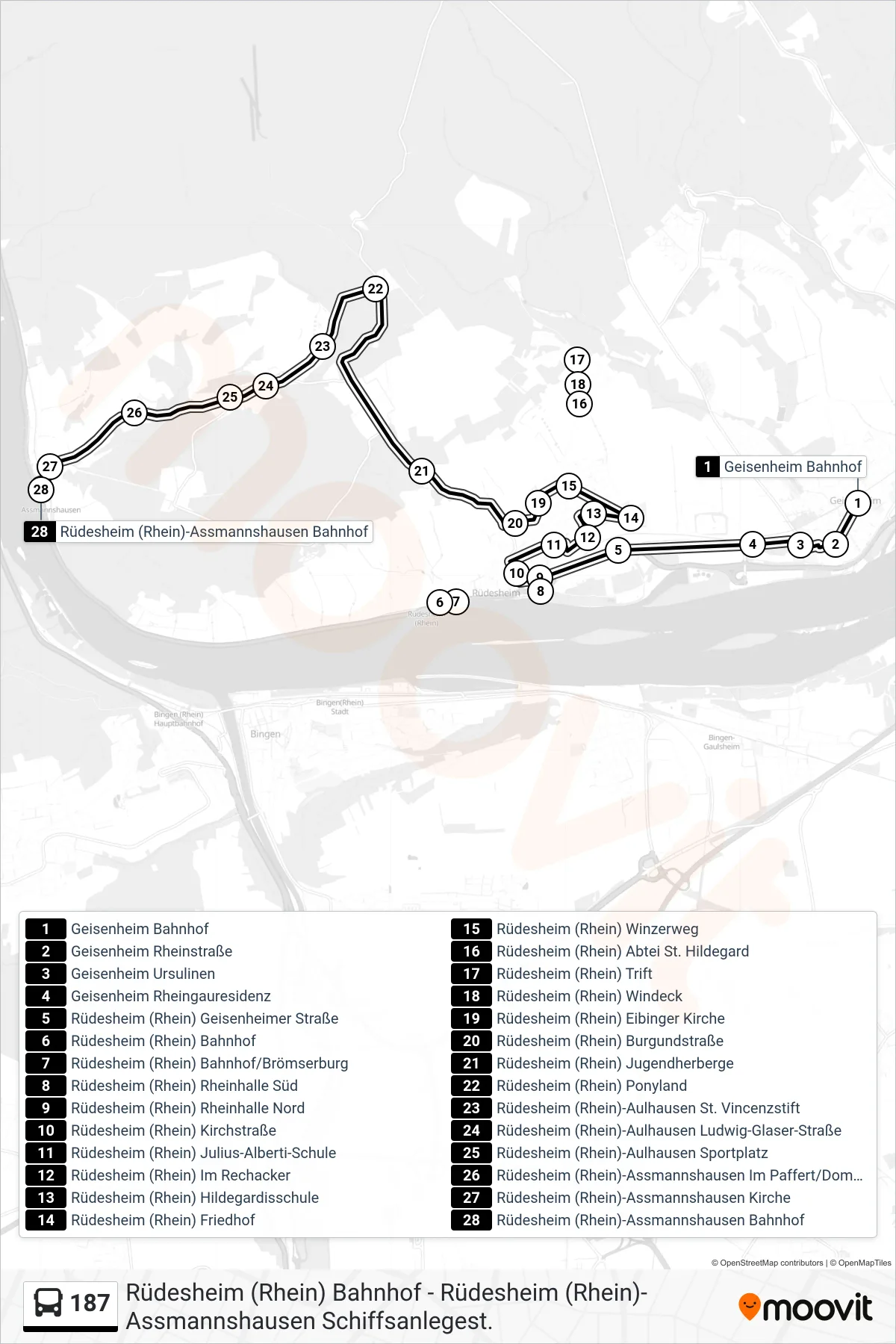 187 bus Line (Rüdesheim (Rhein)-Assmannshausen Bahnhof) route and stops on a map
