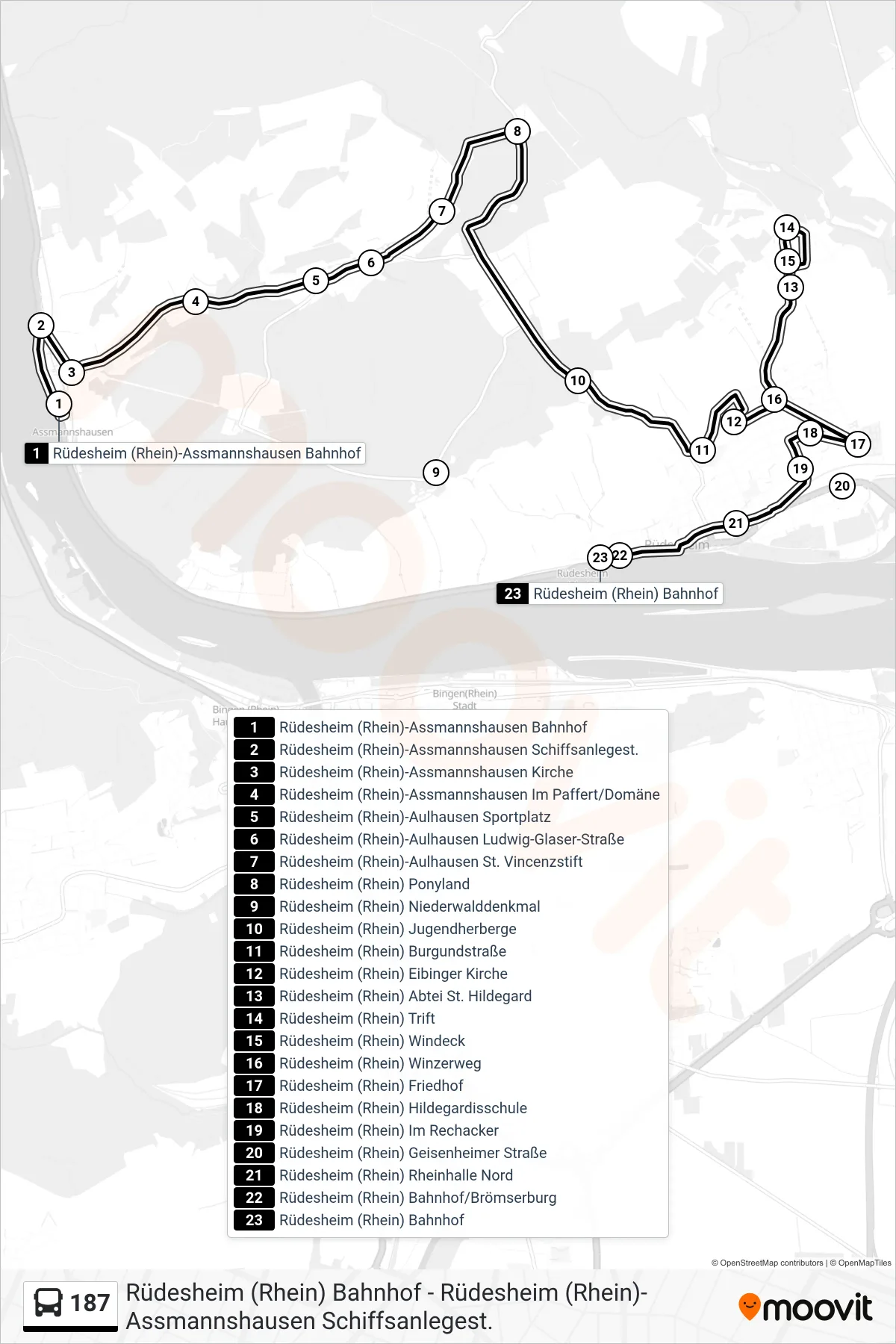 187 bus Line (Rüdesheim (Rhein) Bahnhof) route and stops on a map