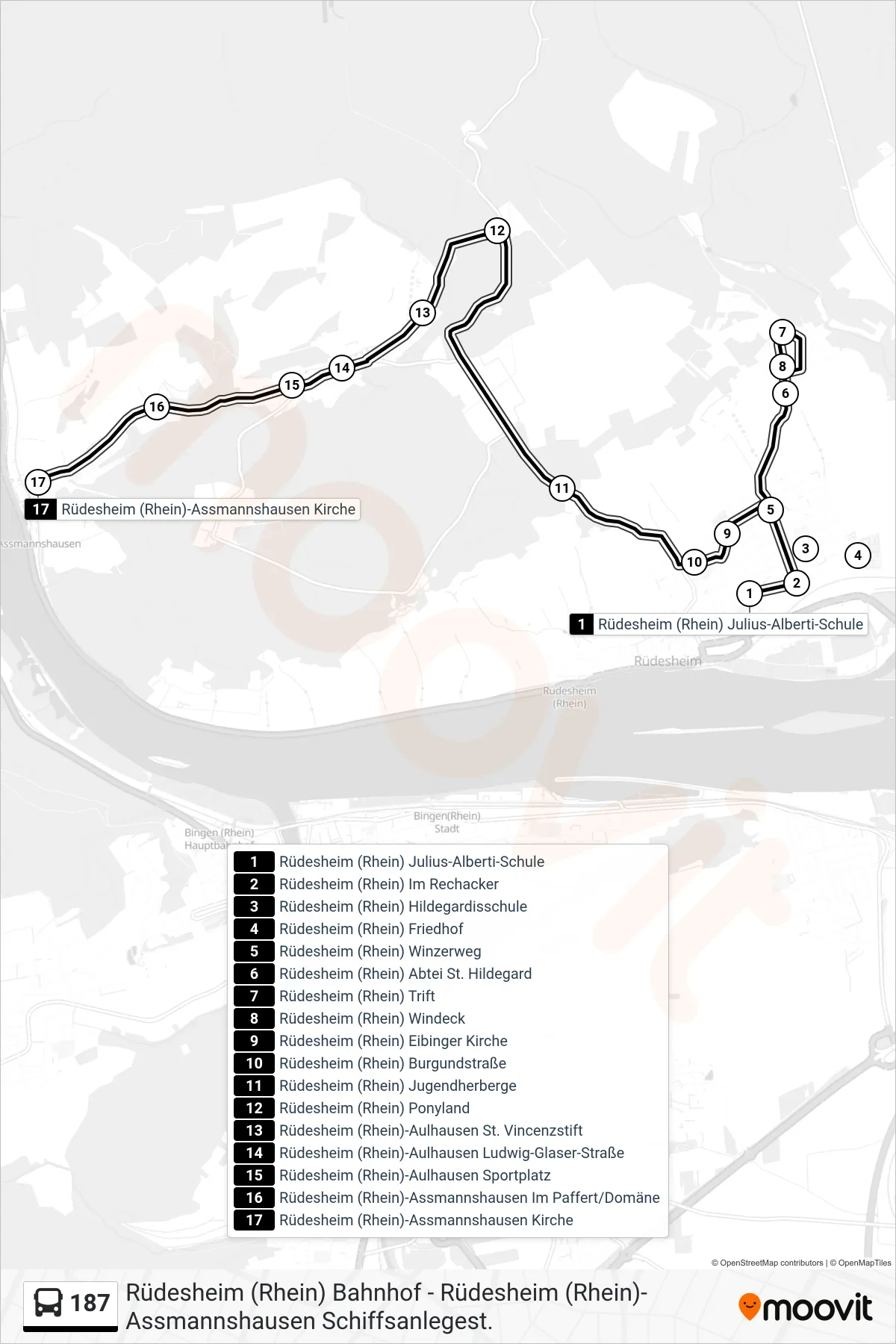187 bus Line (Rüdesheim (Rhein)-Assmannshausen Kirche) route and stops on a map