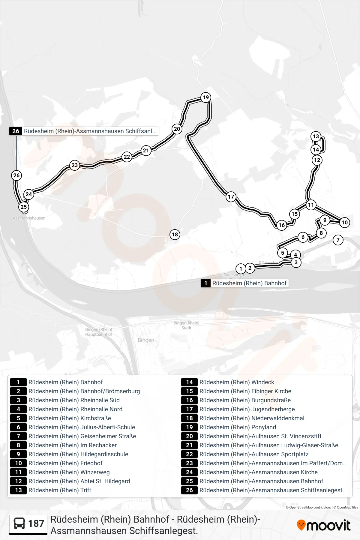 187 bus Line (Rüdesheim (Rhein)-Assmannshausen Schiffsanlegest.) route and stops on a map