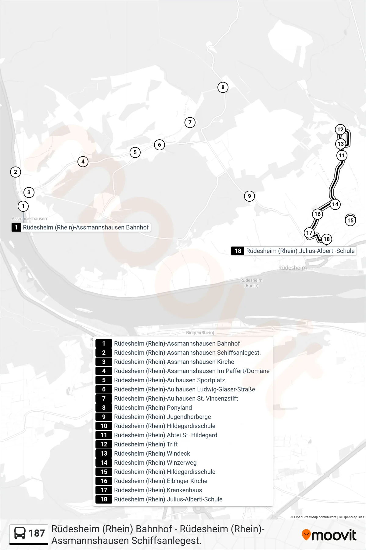187 bus Line (Rüdesheim (Rhein) Julius-Alberti-Schule) route and stops on a map