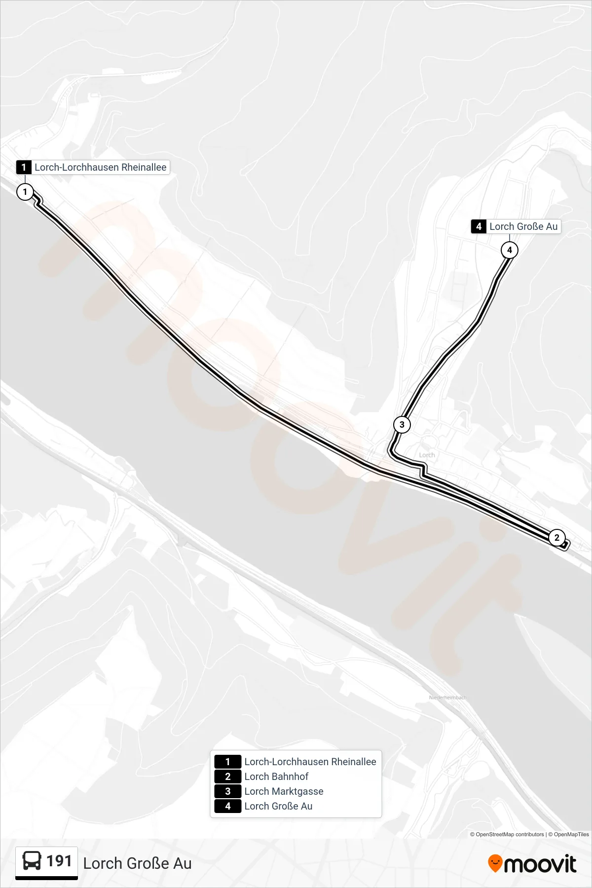 191 bus Line (Lorch Große Au) route and stops on a map