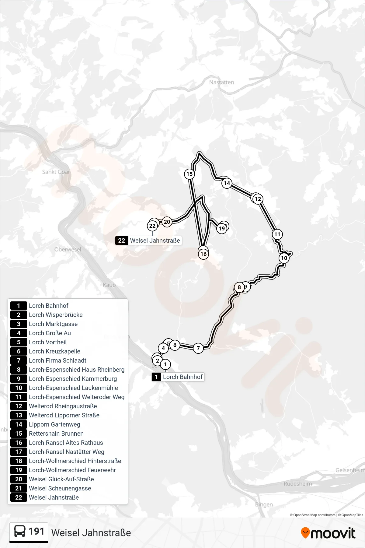 191 bus Line (Weisel Jahnstraße) route and stops on a map