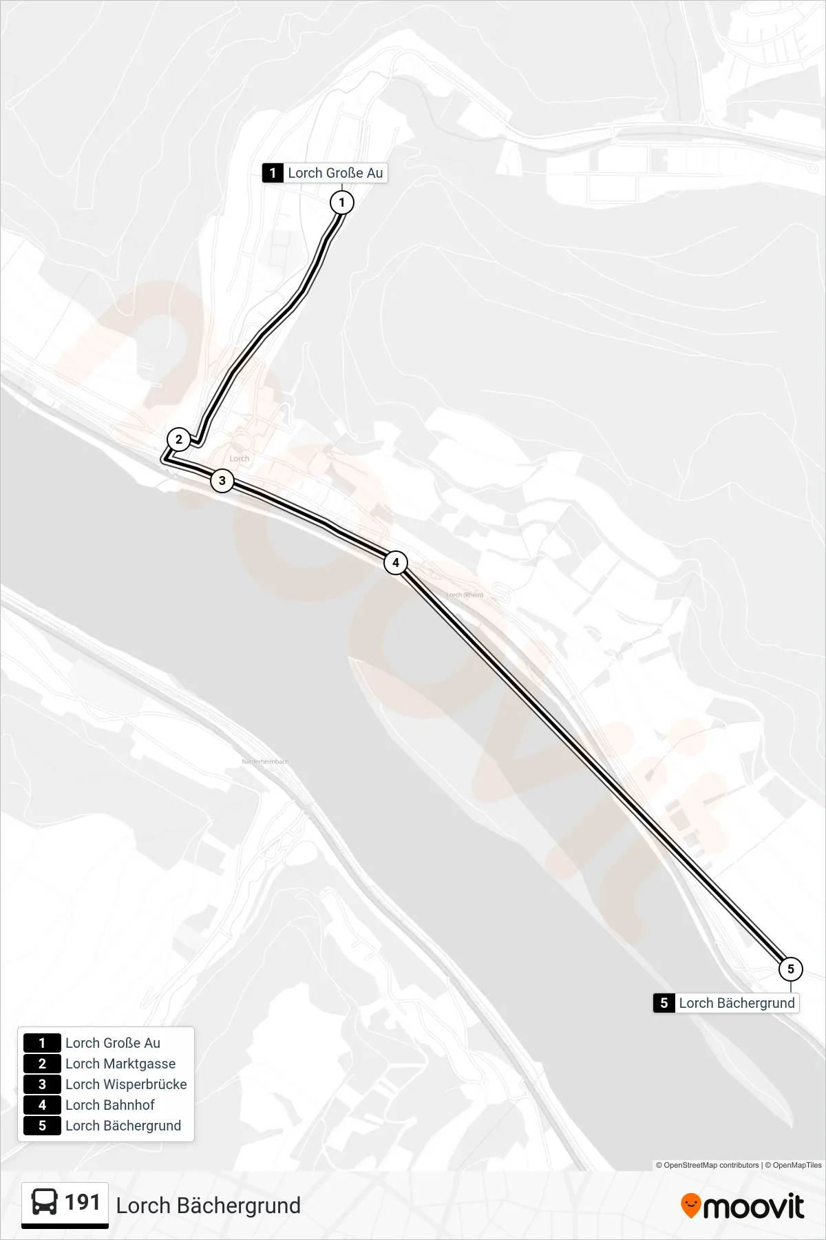 191 bus Line (Lorch Bächergrund) route and stops on a map