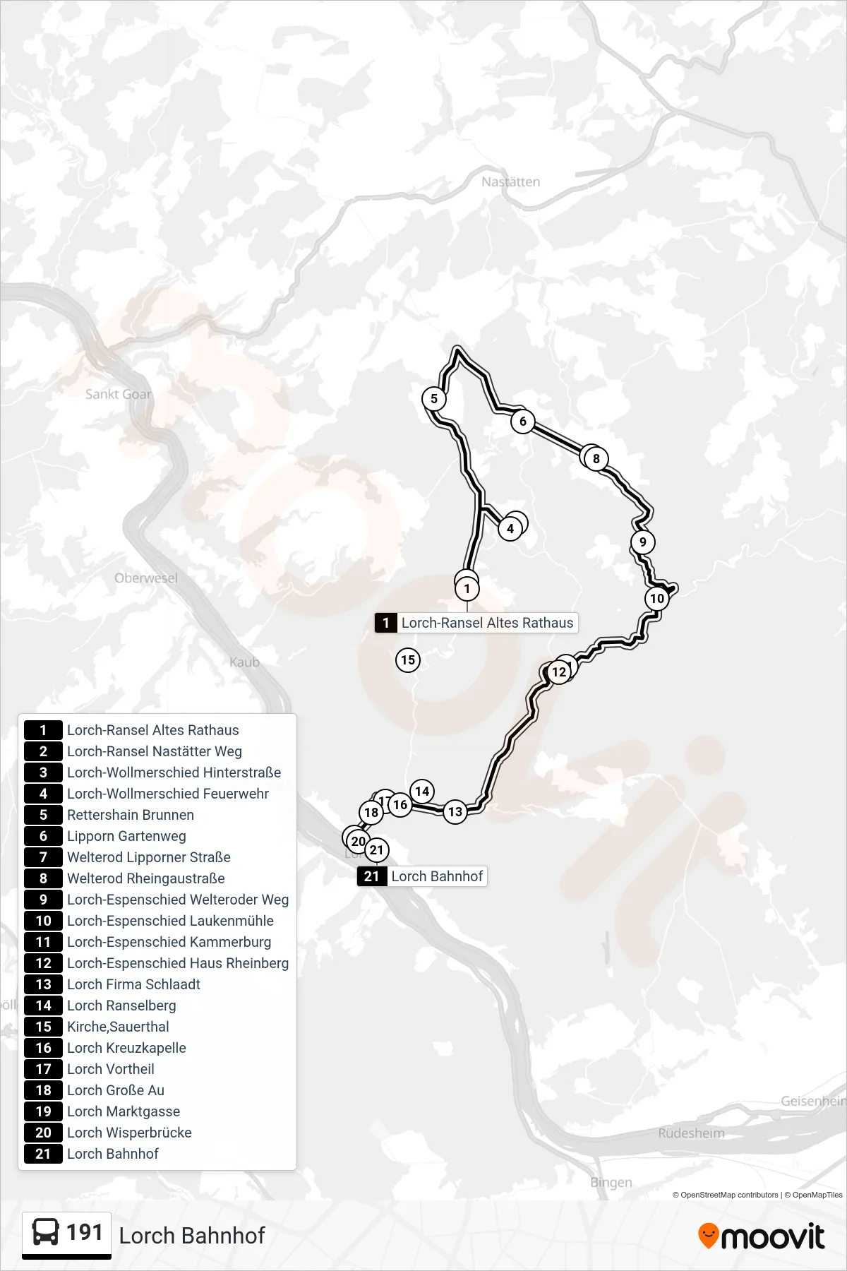 191 bus Line (Lorch Bahnhof) route and stops on a map