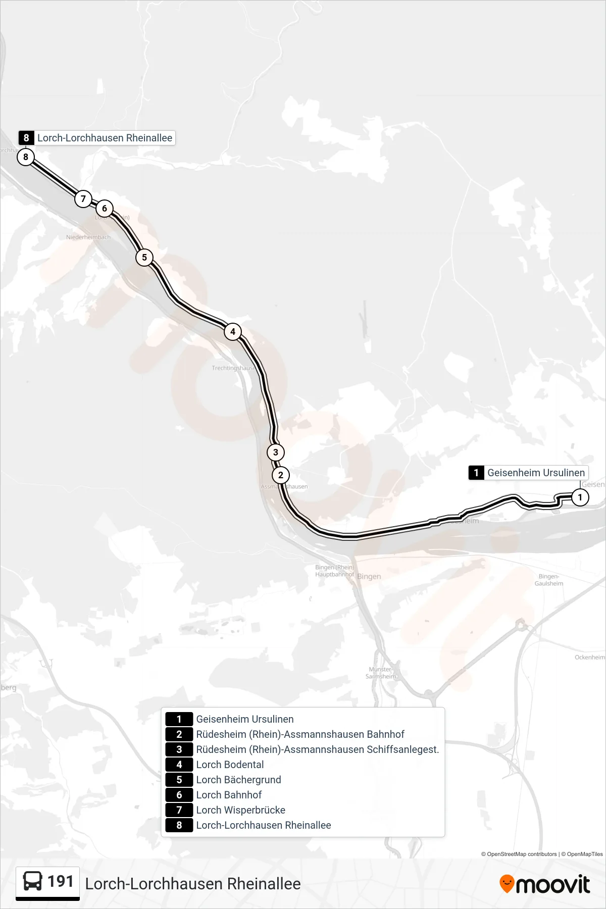 191 bus Line (Lorch-Lorchhausen Rheinallee) route and stops on a map