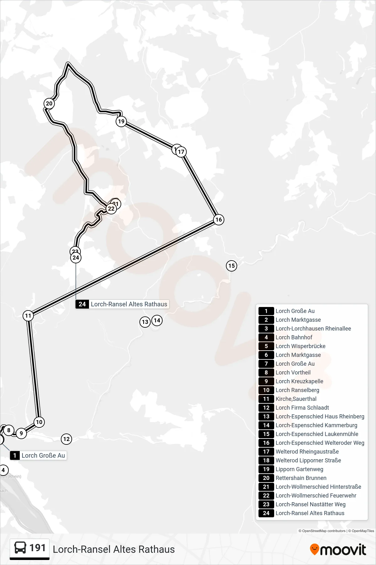 191 bus Line (Lorch-Ransel Altes Rathaus) route and stops on a map