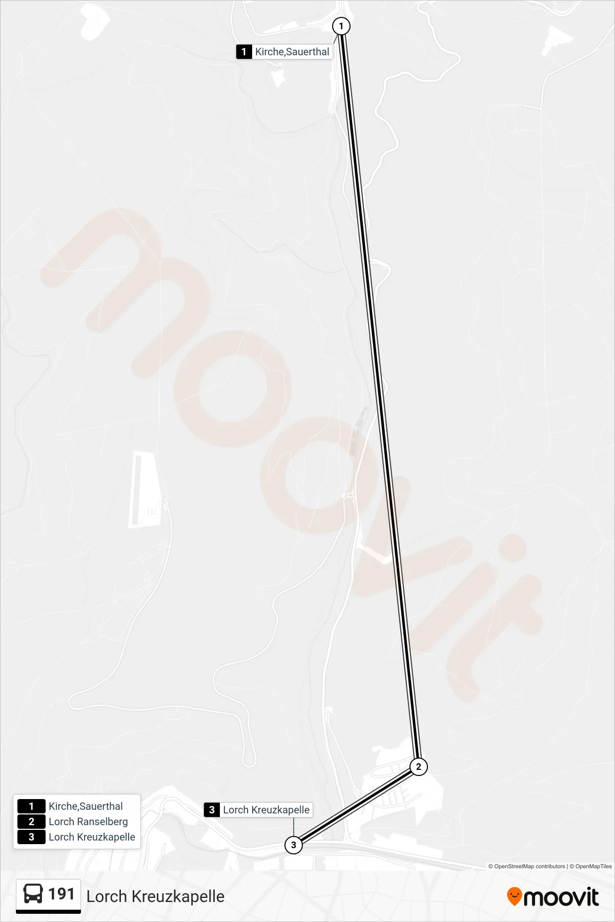 191 bus Line (Lorch Kreuzkapelle) route and stops on a map