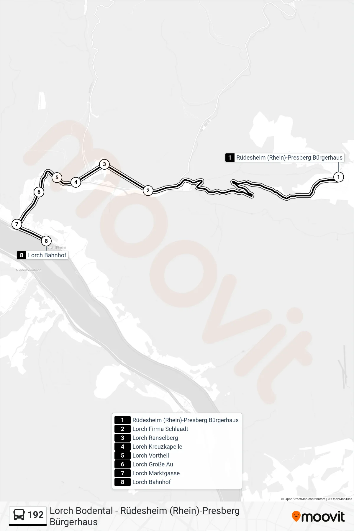 192 bus Line (Lorch Bahnhof) route and stops on a map
