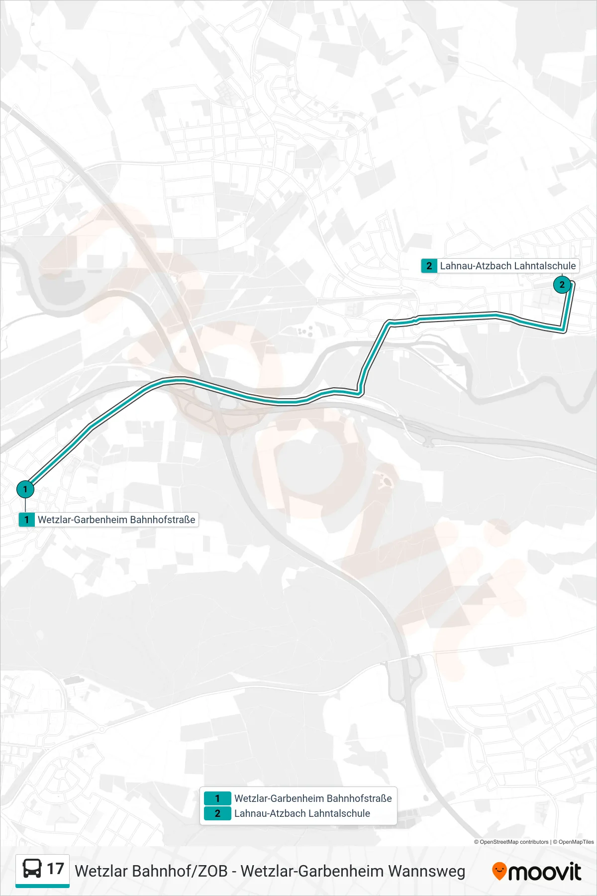 17 bus Line (Lahnau-Atzbach Lahntalschule) route and stops on a map