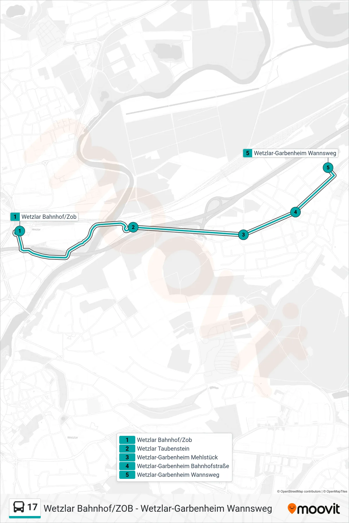 17 bus Line (Wetzlar-Garbenheim Wannsweg) route and stops on a map