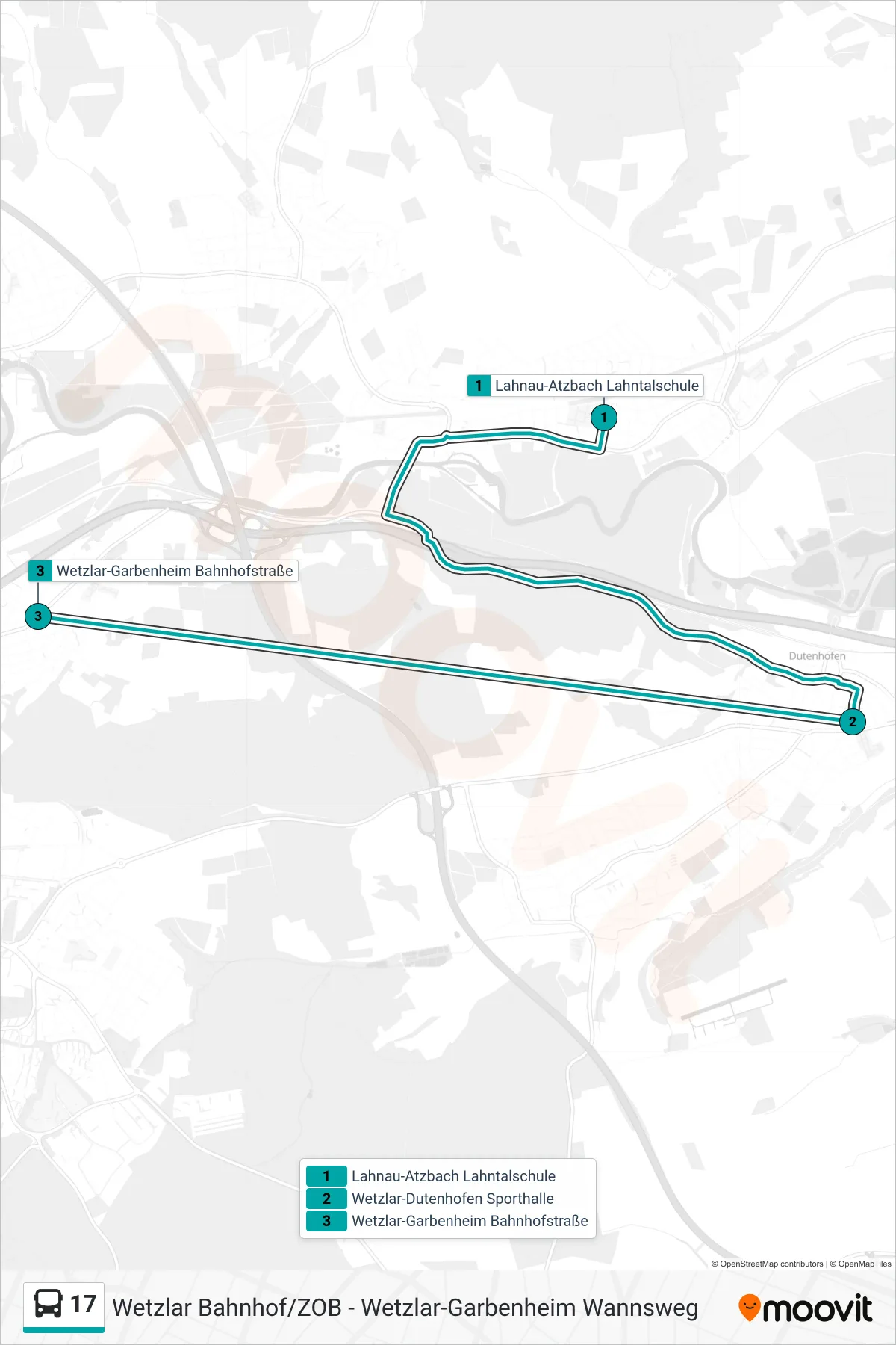 Linie 17 (Bus) Richtung Wetzlar-Garbenheim Bahnhofstraße: Route und Haltestellen auf der Karte