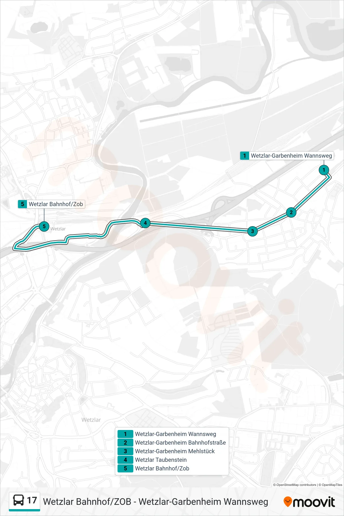 17 bus Line (Wetzlar Bahnhof/Zob) route and stops on a map