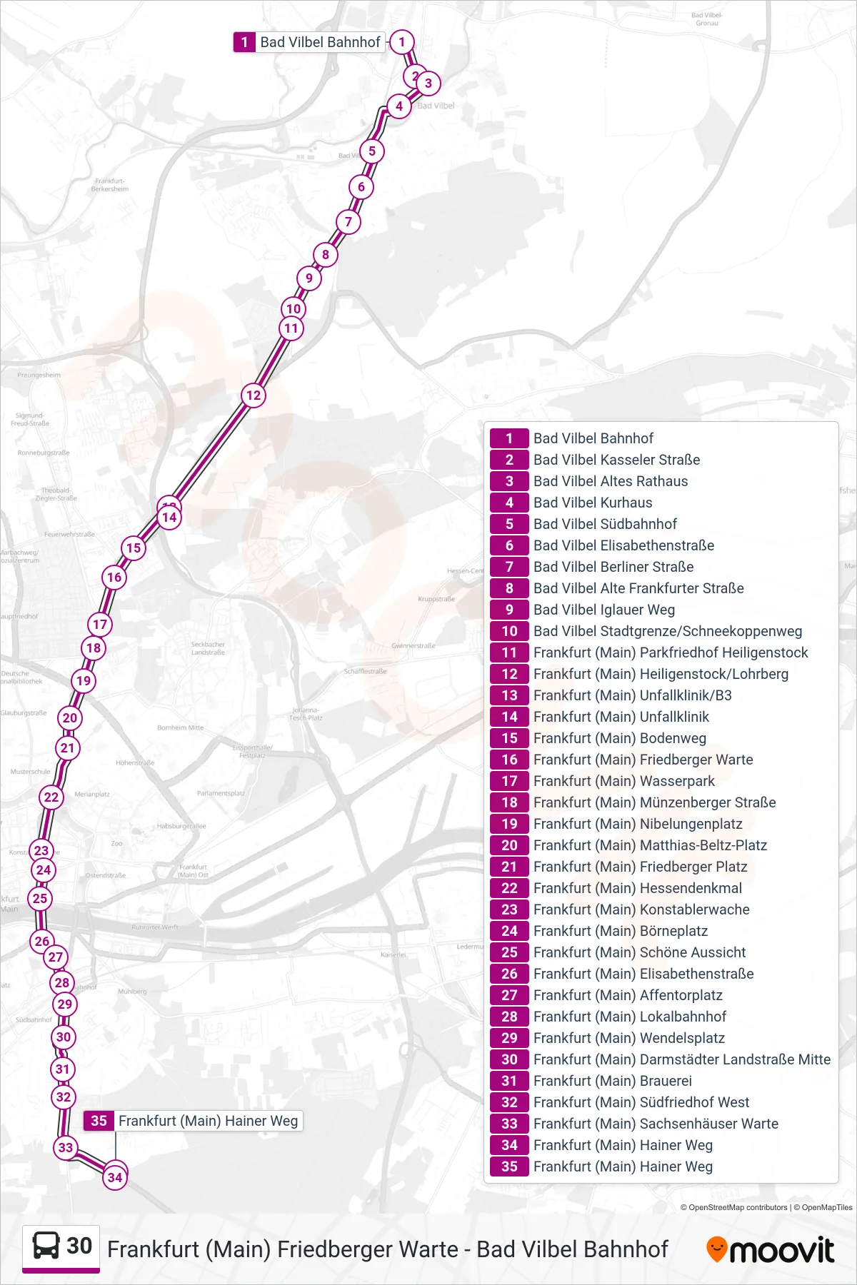 Linie 30 (Bus) Richtung Frankfurt (Main) Hainer Weg: Route und Haltestellen auf der Karte