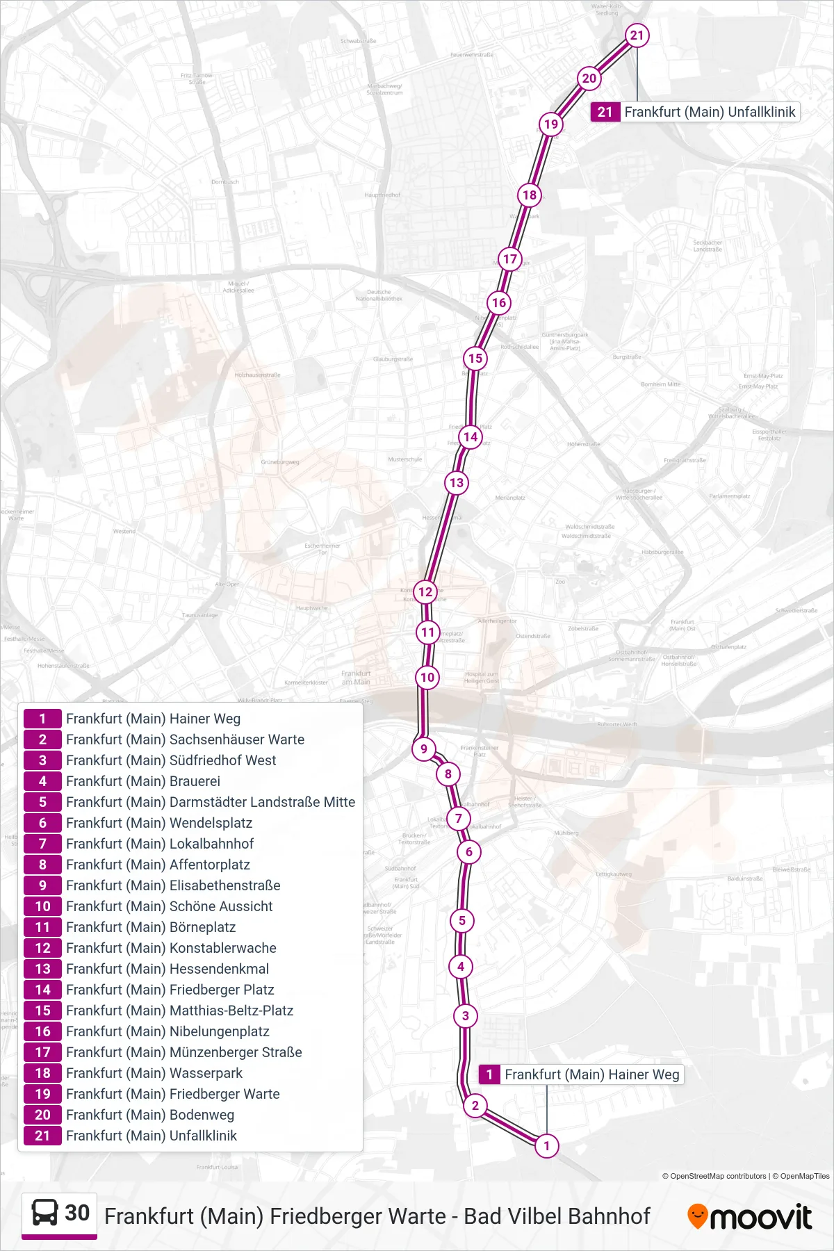 30 bus Line (Frankfurt (Main) Unfallklinik) route and stops on a map